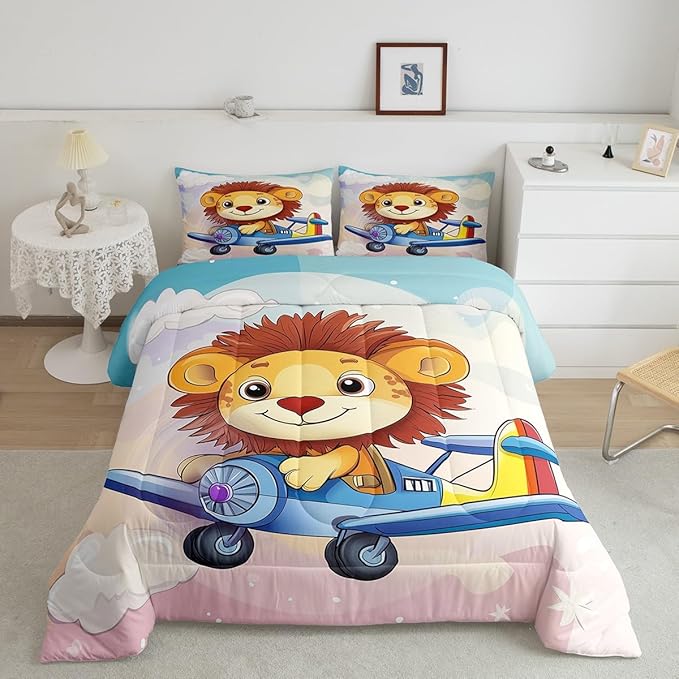 Kawaii Lion Comforter Set Toddler Size Cartoon Aircraft Bedding Set Bedroom Decor Cute Wildlife Animal Quilt Set for Kids Boys Girls Pastel Clouds Sky Duvet Insert 2Pcs