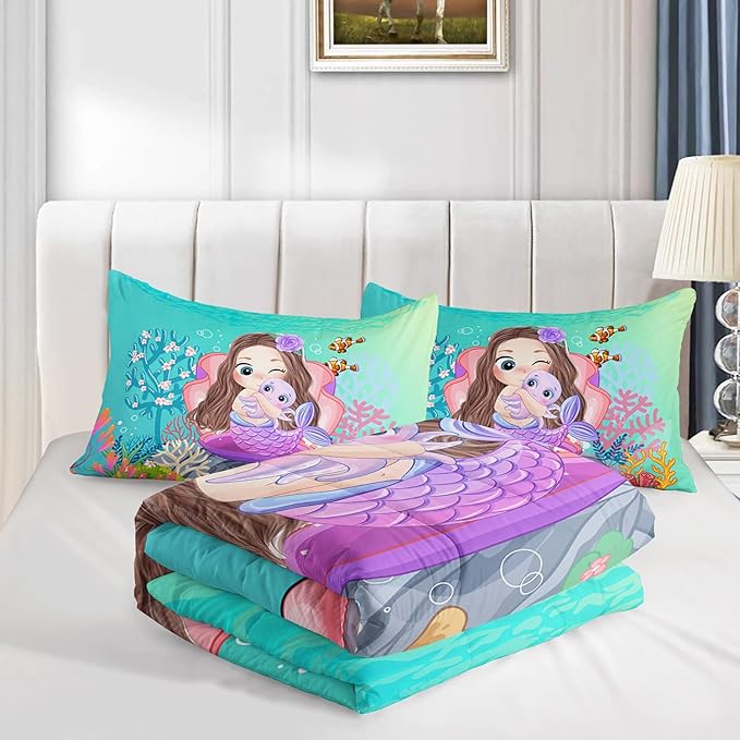 Mermaid Comforter Set Full Size Fairy Tale Sea Shell Grass Bedding Set Fish Quilt Bed Set for Kid Girls with 1 Comforter and 2 Pillowcases