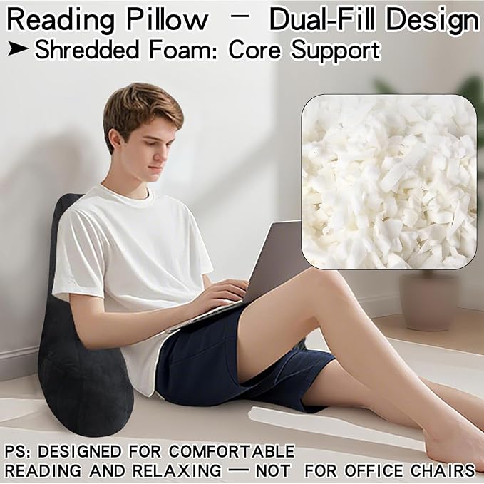 RRPAHWTV Reading Pillow for Bed with High Arm Rests,Back Support Pillow for Sitting Up in Bed with Shredded Memory Foam for Reading, TV, Gaming or Relaxing on Floor（Black，Small）
