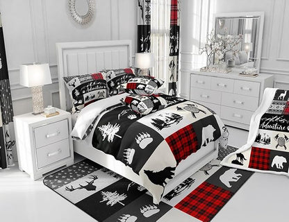 Bear Deer Kids Bedding Set Twin Size,Hunt Arrow Adventure Wildlife Patchwork Comforter Cover Set for Kids Girls,Red Check Boho Aztec Cabin Decor Bedding Quilt Cover Set Bedroom Decor, 2 Pcs