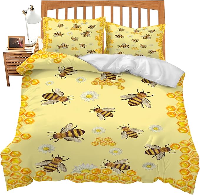 Bee Bedding Set Honey Bee Theme Comforter Set Covers for Kids Adults Women Yellow Bee Duvet Cover Bedroom Decor Soft Twin Size Quilt Cover with 2 Pillowcases