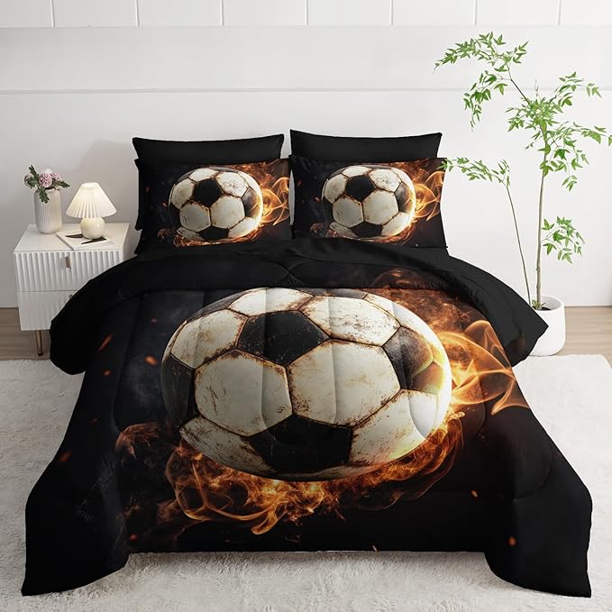 Soccer Print Comforter 7Pcs Gaming Sport Flame Soccer Bedding Set for Kid Teen Girl Boy Adult Sports White Black Football Quilt Bed Set Twin with 2 Sheets,2 Pillowcases,2 Throw Pillow Covers