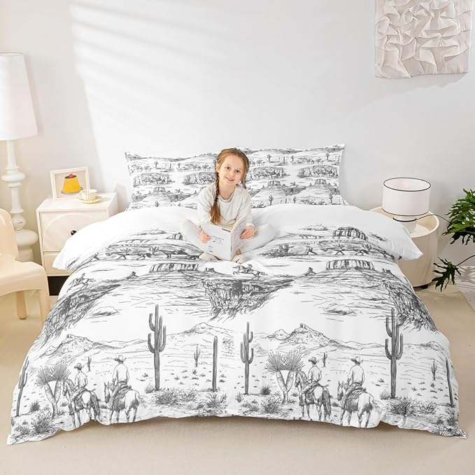 Southwest Cowboy Duvet Cover Set King Size Western Desert Bedding Set 3Pcs Black White Farmhouse Comforter Cover for Boys Men Girls Adult Room Decor Wild Horse Cactus Quilt Cover,2 Pillowcase