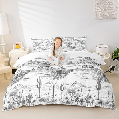 Southwest Cowboy Duvet Cover Set King Size Western Desert Bedding Set 3Pcs Black White Farmhouse Comforter Cover for Boys Men Girls Adult Room Decor Wild Horse Cactus Quilt Cover,2 Pillowcase