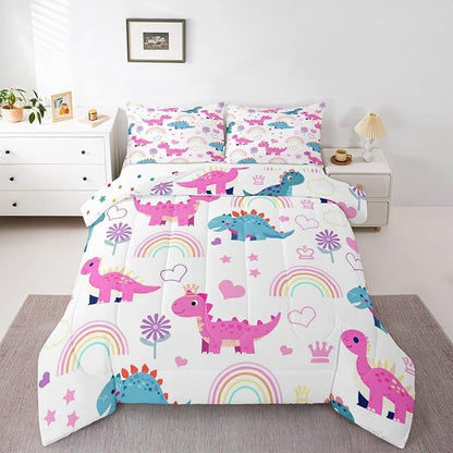Castle Fairy Kawaii Dino Bedding Sets Full Size,Cute Rainbow Floral Love Heart Reversible Down Comforter Breathable Polyester Quilt Set,Purple Blue Dinosaur Lovely Animal Duvet Insert,2 Pillowcases