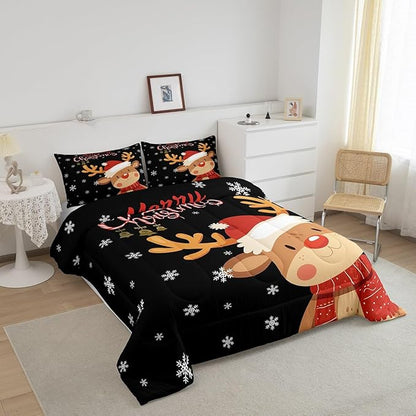 Cartoon Deer Reindeer Comforter Set Queen,Merry Christmas Bedding Set for Kids Boys Girls,Xmas Snowflake Duvet Insert Bedroom Decor,Happy New Year Gift Down Comforter with 2 Pillowcases Soft