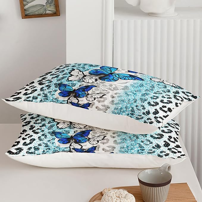 Blue Butterfly Comforter Set for Girls Twin Size, Black and White Leopard Print Comforter with 2 Pillowcases, Wild Animal Theme Home Decoration