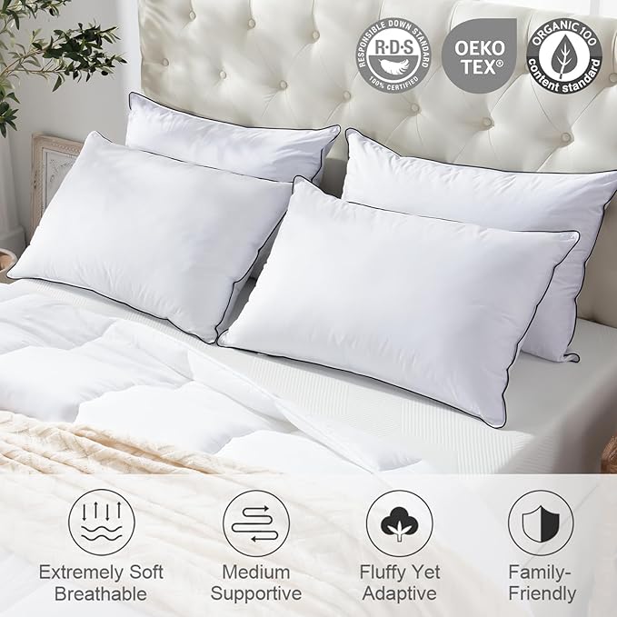 APSMILE Medium Firm Feathers Down/Poly Pillow Standard Size Set of 2, Luxury Feather Pillow for Sleeping, 100% Organic Cotton Cover Hotel Bed Pillow Wrapped in Polyester (White, 20"x26")