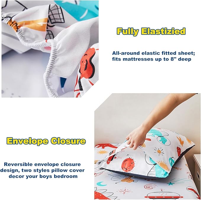 URBONUR 4 PCS Toddler Bedding Set for Boys Space Dinosaur Printed Toddler Comforter Set with Sheets Sets Ultra Soft Bed in a Bag 2-6 Year Old Toddler Bed-in-a-Bag Set