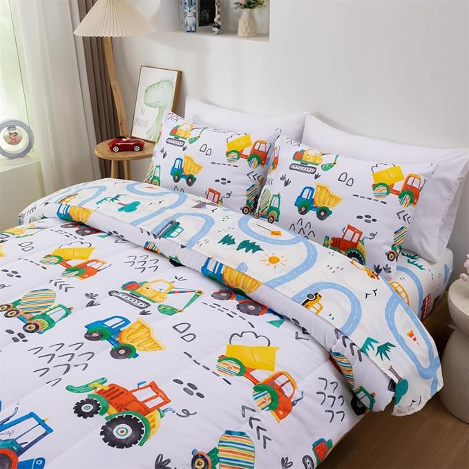 NTBED 5 Pieces Construction Truck Full Comforter Set for Boys Kids Colorful Painting Vehicles Excavator Lightweight Microfiber Bedding Sets
