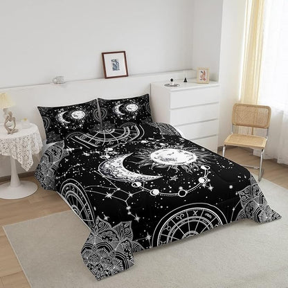 Sun and Moon Bedding Set Constellation Galaxy Comforter for Kids Boys Girls Teens Psychedelic Boho Mandala Comforter Breathable Celestial Duvet Set Black White Room Decor Quilt Cover Full Size