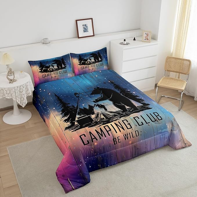 Feelyou Kids Camper Bedding Set Full Universe Galaxy Camping Comforter for Boys Girls Farmhouse Rustic Wild Bear Decor Comforter Set Nature Starry Sky Quilt with 2 Pillow Case Boys