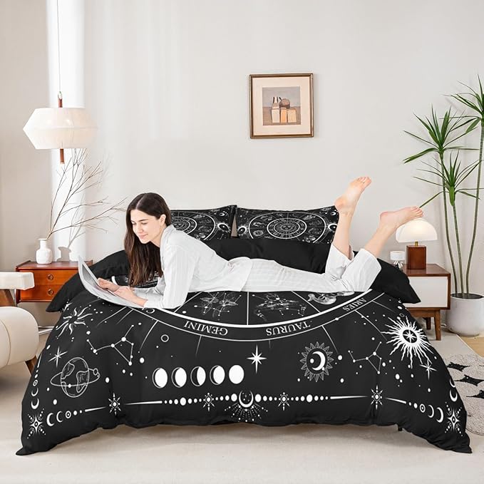 Sun Moon Duvet Cover Set King Size,Starry Galaxy 12 Constellations Bedding Set 3Pcs for Youth Men Adult Woman Room Decor,Black White Exotic Comforter Cover Gothic Boho Quilt Cover,2 Pillowcases