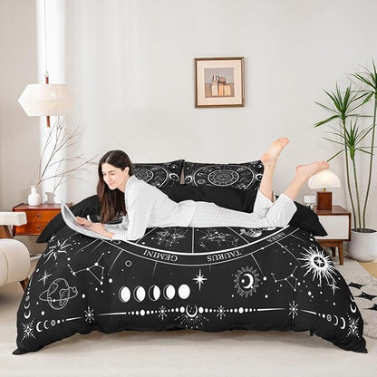 Sun Moon Duvet Cover Set King Size,Starry Galaxy 12 Constellations Bedding Set 3Pcs for Youth Men Adult Woman Room Decor,Black White Exotic Comforter Cover Gothic Boho Quilt Cover,2 Pillowcases