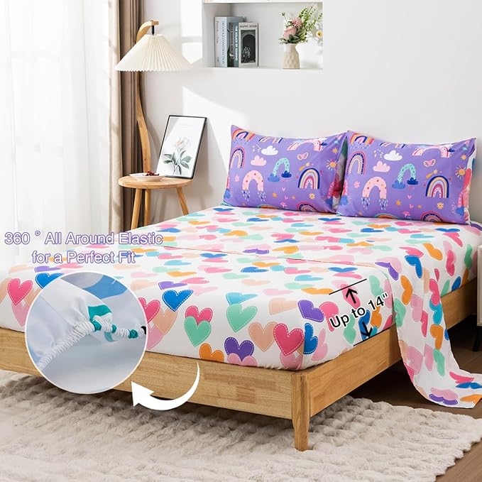 Holawakaka Boho Rainbow Full Comforter Set with Sheets, 5-Piece Bohemian Love Heart Star Bedding Set for Girls & Women -Super Soft Microfiber Kids Teen-girls Full Size Lavender Reversible Bed-in-a-Bag