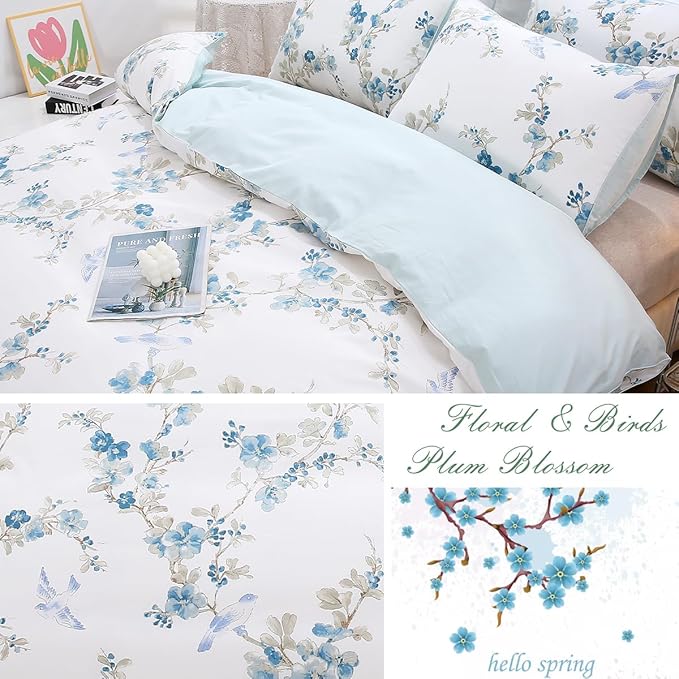 URBONUR Full Size Duvet Cover Sets Light Blue Garden Floral Bedding Comforter Cover, Ultra-Soft & Breathable Duvet Sets for All Season, Button Closure & Corner Ties