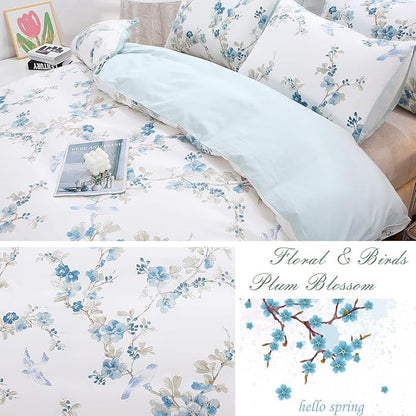 URBONUR Blue Floral Duvet Cover Set King Size 3 Pieces, 100% Cotton Duvet Cover with 2 Pillowcases, Soft & Breathable Bedding Sets with Button Corner Ties