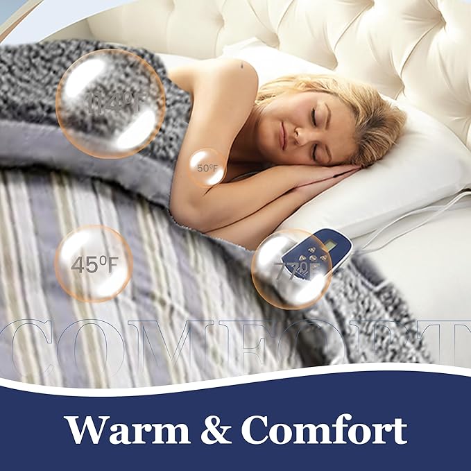Thermee Micro Flannel Heated Blanket with Sherpa Back, 10-Setting Electric Blanket Queen Size, Programmable Heating Blanket, Ultra-Soft Heated Throw Blanket, Fast Heating Thermal Blanket-City Stripe