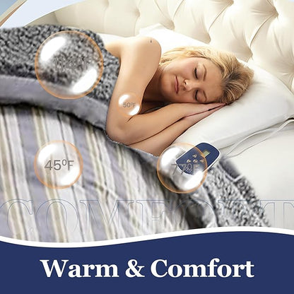 Thermee Micro Flannel Heated Blanket with Sherpa Back, 10-Setting Electric Blanket - Twin Size, Programmable Heating Throw - City Stripe