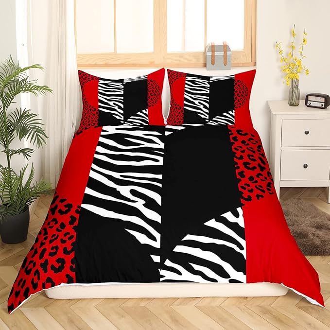 Leopard Zebra Duvet Cover Full,Wild Animals Skin Bedding Set 3pcs for Teens Adults Room Decor,Red Black Geometric Striped Heart Comforter Cover Romantic Microfiber Quilt Cover with 2 Pillowcases