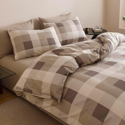 Wellboo Beige Plaid Comforter Sets Twin Size Light Brown and Taupe Checkered Bedding Comforters Modern Khaki Grid Quilt Blankets Women Men Beige Checkerboard Bedding Soft Luxurious Geometric Bed
