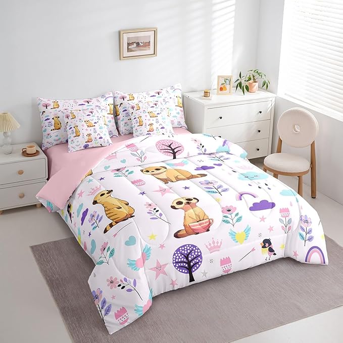 Erosebridal Floral Mongoose 7 Pieces Bedding Set Cartoon Zoo Animal Queen Comforter Set with Sheets for Boys Girls Kids Room Decor Cute Flower Bed in a Bag Rainbow Bed Set