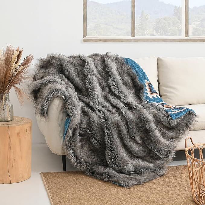 Luxury Plush Faux Fur Throw Blanket with Aztec Pattern, Super Warm, Fuzzy, Elegant, Fluffy Decoration Blanket for Couch, Armchair, Sofa and Bed, 50''x 60'', Teal