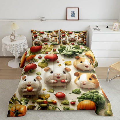 Castle Fairy 3D Guinea Pig Comforter Set Twin Size Kawaii Wild Animal Bedding Set Kids Boys Girls Vegetables Fruit Leaves All Season Quilt Set Cute Wildlife Bedding Comforter Sets,2Pcs