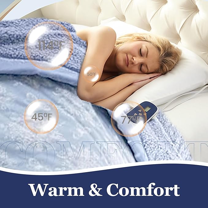 Thermee Micro Flannel Heated Blanket with Sherpa Back, 10-Setting Electric Blanket, Queen Size, Programmable Heating Throw, Sky Blue