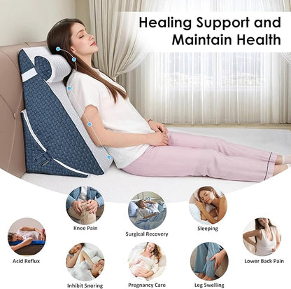 Bed Wedge Pillow for Sleeping, 3PCS Wedge Pillow Set for After Surgery, Adjustable 7 &12 inch Pillow Wedges for Acid Reflux Relief, Back Pain Relief, Sleep Apnea, Sitting Up, Headboard (Blue/White)