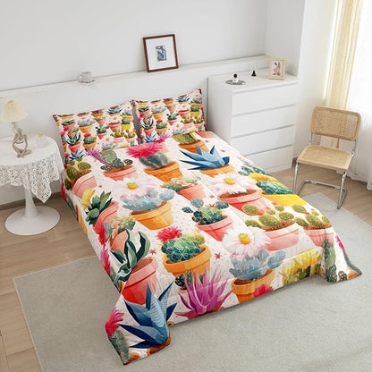 Watercolor Cactus Comforter Set King Size for Kids Tropical Wild Flower Bedding Sets All Season Desert Botanical Quilt Set Bedroom Decor Nature Green Plant Down Comforter,3Pcs