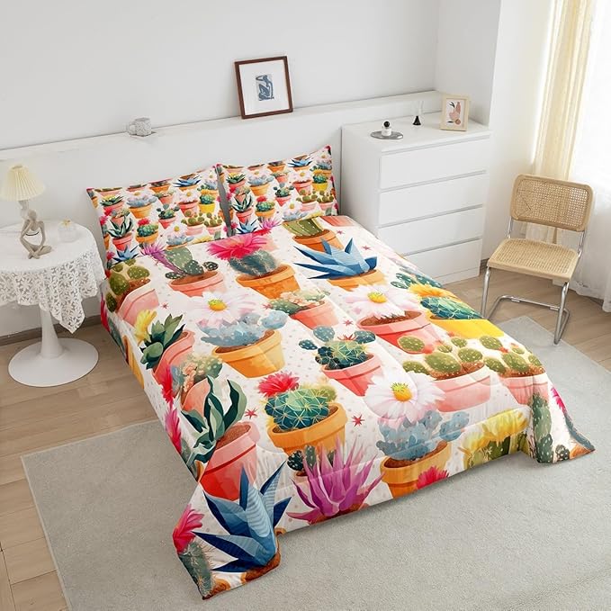Watercolor Cactus Comforter Set Full Size for Kids Tropical Wild Flower Bedding Sets All Season Desert Botanical Quilt Set Bedroom Decor Nature Green Plant Down Comforter,3Pcs
