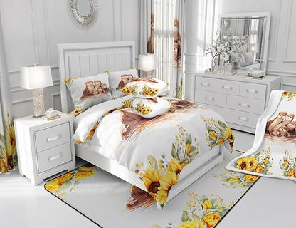 Watercolor Otter Kids Comforter Set Full Size 3 Pcs Yellow Sunflowers Green Leaves Rustic Bedding Set for Boys Girls Teens Cute Cartoon Wild Animals Microfiber Duvet Set with 2 Pillowcases