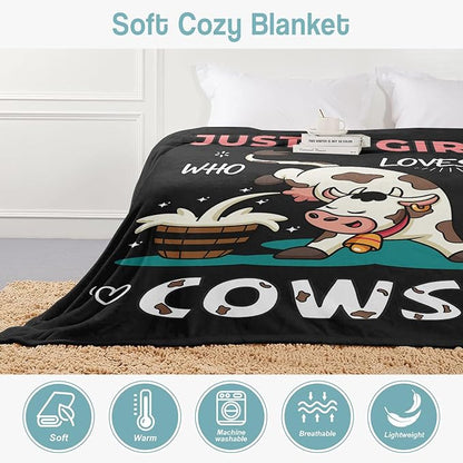 Cow Lover Blanket, Just A Girl Who Loves Cows Blanket, Soft Warm Cozy Fleece Throw, Gifts for Girls Women Kids, 40"x50", Black