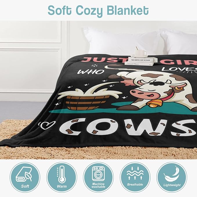 Cow Lover Blanket, Just A Girl Who Loves Cows Blanket, Soft Warm Cozy Fleece Throw, Gifts for Girls Women Kids, 50"x60", Black