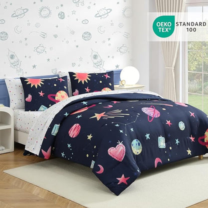 Full Size Comforter Sets Planet, Space Bedding Set for Girls Boys Teen, All Season Kids Bed in a Bag 7 Pieces with Sheets, Pillowcases & Shams