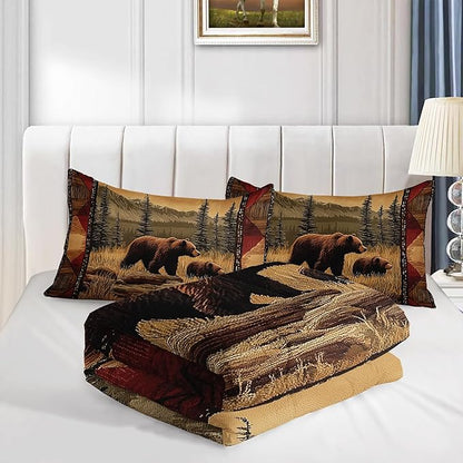 Rustic Bear Wild Hunt Animal Comforter 3Pcs Twin Natural Forest Wildlife Brown Bear Bedding Set for Kid Teen Boy Girl Adult Retro Mountain Lake Quilt Decor with 1 Comforter and 2 Pillowcases