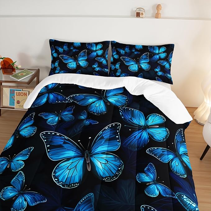 Dream Blue Butterfly Comforter Set Queen Size,Boho Bedding Comforter Sets for Kids Boys Girls Bedroom Decor Aesthetic,Animal Themed Bedding Soft Fluffy Comforter Sets with 2 Pillowcases.