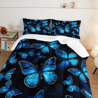 Dream Blue Butterfly Comforter Set King Size,Boho Bedding Comforter Sets for Kids Boys Girls Bedroom Decor Aesthetic,Animal Themed Bedding Soft Fluffy Comforter Sets with 2 Pillowcases.