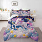 Castle Fairy Unicorn Kids Comforter Set Queen Size,Dreamy Wildlife Horse Animal Reversible Bedding Set for Girls Bedroom Decor Rainbow Stars Cloud Blue Galaxy Quilted Duvet,2 Pillowcases