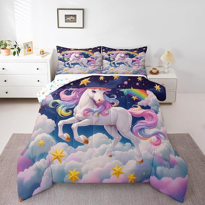 Castle Fairy Unicorn Kids Comforter Set King Size,Dreamy Wildlife Horse Animal Reversible Quilted Duvet with 2 Pillowcases Rainbow Stars Cloud Blue Galaxy Comforter for Boys Teens Bedroom