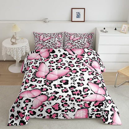 Pink Leopard Comforter Set King Size,Romantic Butterfly Bedding Set 3pcs for Kids Teens Boy Girl Room Decor,Wild Animals Theme Quilt Set Cheetah Fur Duvet Insert with 2 Pillowcases