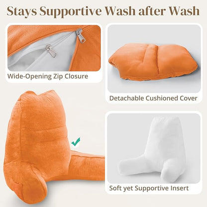 Sasttie Reading Pillow for Bed - 23 Inch, Back Pillow for Bed Sitting Up, Back-Rest Support Cushion with Side Pockets and Arms, Dorm Essentials, Oeko-Tex Certified, Orange