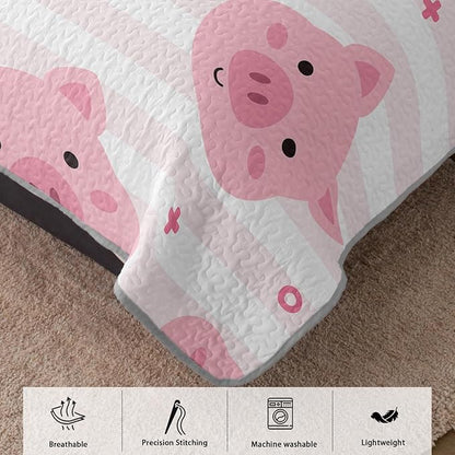 AILONEN Kids Cute Pig Quilt Full Size Bedding Set & 2 Pillowcases,Cartoon Pig Bedspresd Coverlet,3Pcs Pink White Stripes Printed Quilt Set,All Season