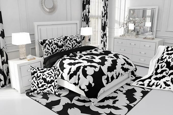 Castle Fairy Halloween Bat Duvet Cover Queen Size,Black Bats Silhouette Animal Print Polyetser Bedding Set (Not Comforter),Happy Holiday Gothic Style White Comforter Cover for Bedroom, Zipper, Ties