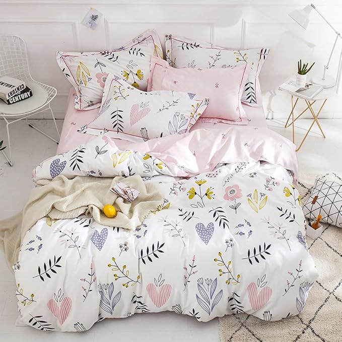 BuLuTu Floral Love Print Girls Duvet Cover Twin White/Pink Cotton Premium Blossom Kawaii Reversible Kids Bedroom Comforter Cover Bedding Sets for Toddler,Teen,Breathable,Lightweight,Zipper Closure