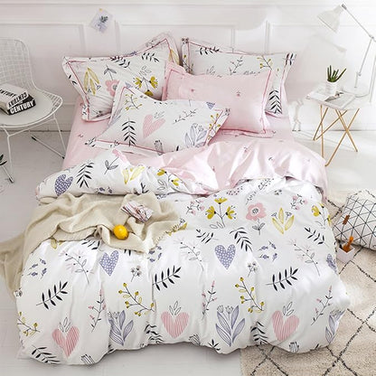 BuLuTu Floral Love Print Girls Duvet Cover Twin White/Pink Cotton Premium Blossom Kawaii Reversible Kids Bedroom Comforter Cover Bedding Sets for Toddler,Teen,Breathable,Lightweight,Zipper Closure