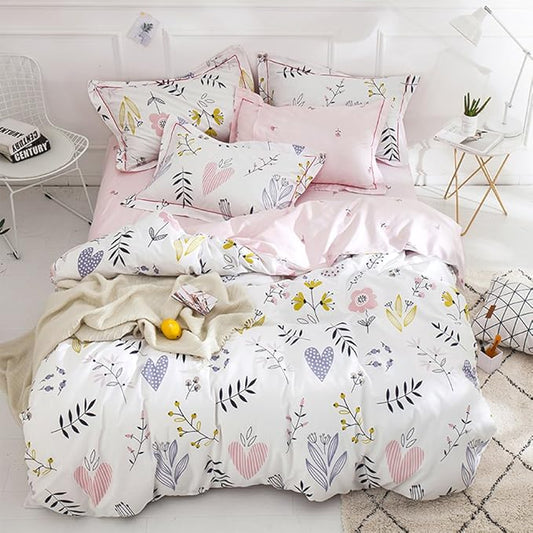 BuLuTu Floral Love Print Girls Duvet Cover Twin White/Pink Cotton Premium Blossom Kawaii Reversible Kids Bedroom Comforter Cover Bedding Sets for Toddler,Teen,Breathable,Lightweight,Zipper Closure