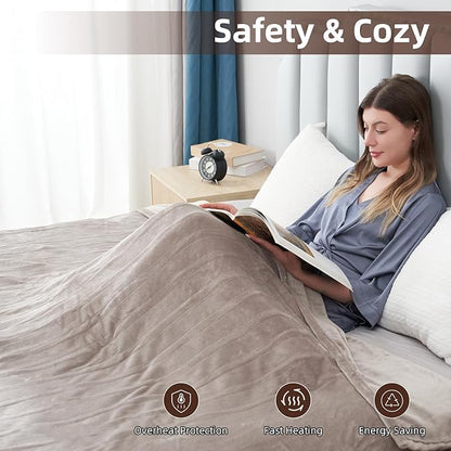 Electric Heated Blanket Full Size 72”x84”,Cozy Soft Warmth with 6 Heating Settings 1-10 Hours Auto-Off, Long Cord Energy-Saving, for Bed, Fast Heating Machine Washable, Camel