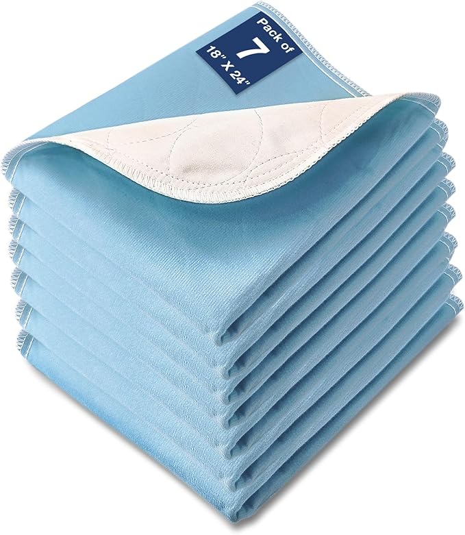 Washable Waterproof Underpads, 24" x 18" (7 Pack) Heavy Absorbency Reusable Incontinence Pads for Chair, Bassinet, Crib, Car Seat, Sofa, Wheelchair